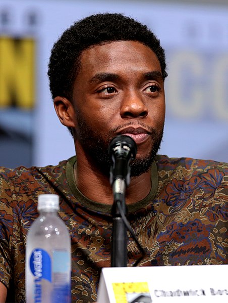 Actor Chadwick Boseman pictured at Comic Con in July 2017 while talking about Black Panther.