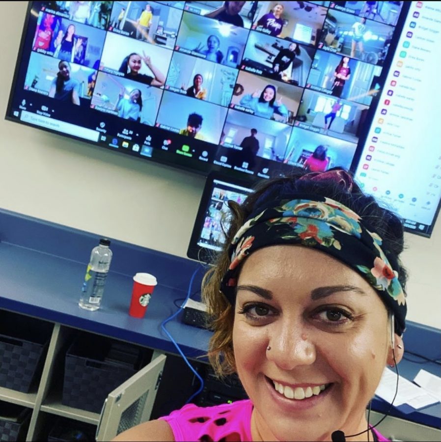Ms. Bettencourt taking a selfie during an 80s themed day during an online Dance 4 class.