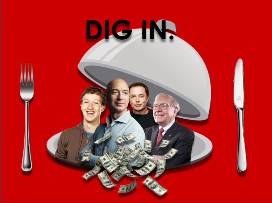 Four of the richest people on Earth: Jeff Bezos, $184.9 B; Mark Zuckerberg, $101 B; Elon Musk, $93.2 B; Warren Buffet, $83.3 B.