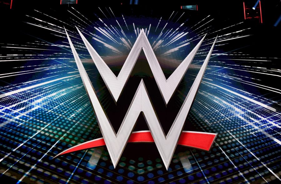 A WWE logo is shown on a screen before a news conference October 11.