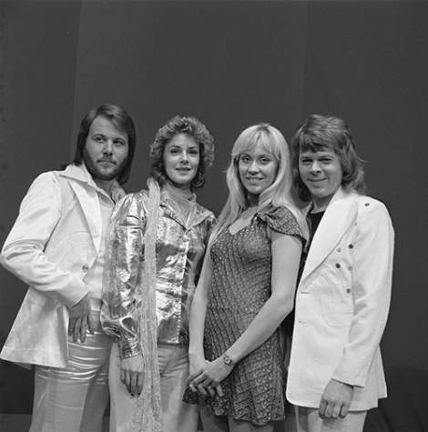 A photo featuring the members of the band ABBA from 1974.
