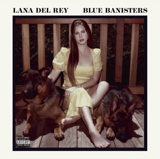 Blue Banisters album cover art, picturing Lana Del Rey with 2 dogs.