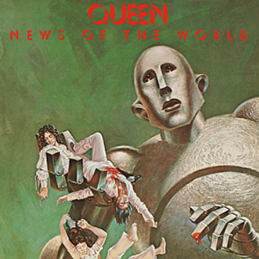Frank the robot holding the lifeless bodies of Queen members on their sixth studio album cover.
