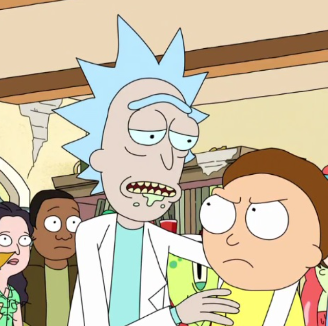 Rick and Morty having an exchange mid-house party.
