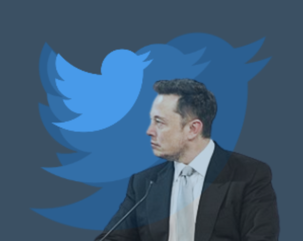The new Twitter CEO Elon Musk, with the Twitter logo in the background.
