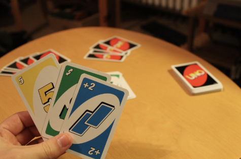 A deck of “UNO” cards while playing with two other people.
