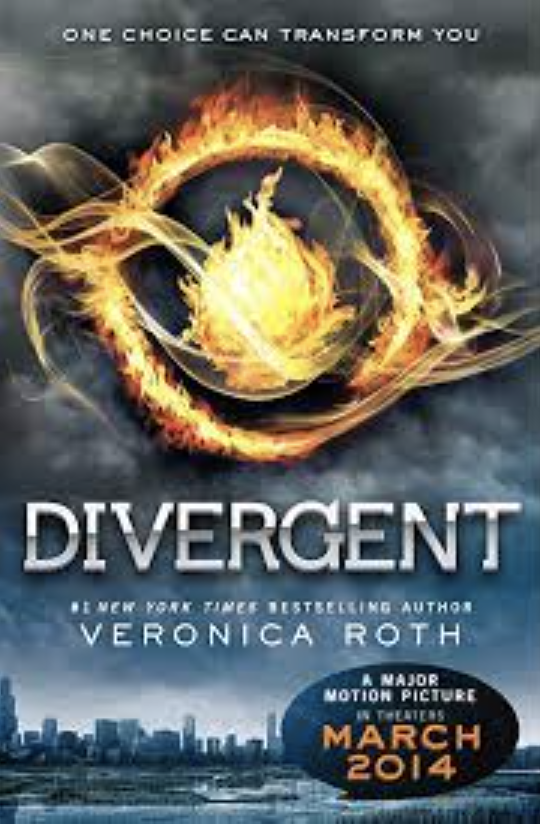The book cover depicts a decrepit city, shadowed by the burning symbol of the book’s “Dauntless” faction’s symbol. 