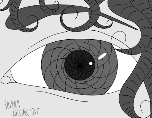 A digital drawing of an eye, with the iris featuring a swirling pattern. It’s meant to mimic the art style of Junji Ito in the Uzumaki manga. PC: Sophia Negretot
