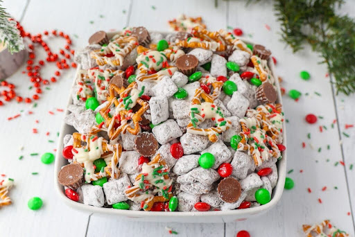 Bowl of Christmas “Puppy Chow”. PC: Barefoot In the Pines
