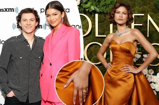 Zendaya and Tom Holland (left) and Zendaya showing off her engagement ring (right). PC: New York Post
