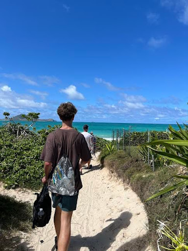Luke and Calli Swensen walk towards the beach in Hawaii.
