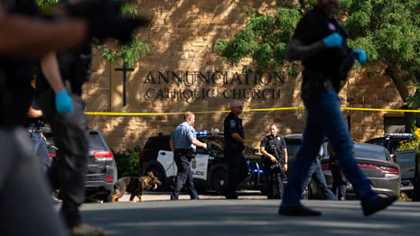 Police and K-9 units in response at Annunciation Catholic Church following deadly mass shooting. PC: The Guardian
