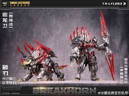 Slag in his robot and triceratops mode, along with him wielding his weapons. PC: Cang Toys