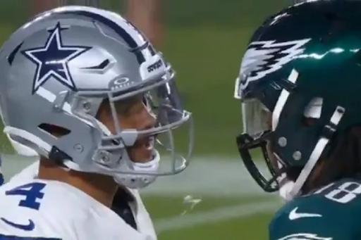 Spit flying towards Dak Prescott (Left) from Jalen Carter (Right). PC: NBC                

