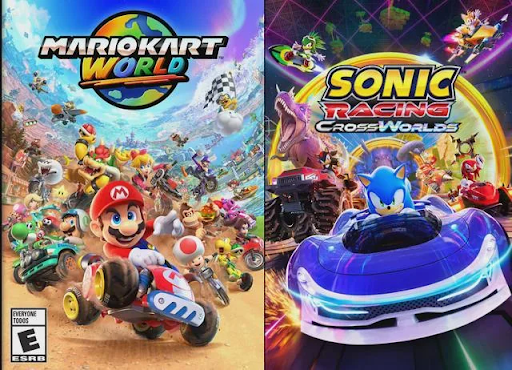 The cover arts of “Mario Kart World” (left) and “Sonic Racing: CrossWorlds” (right). PC: Nintendo, Sega