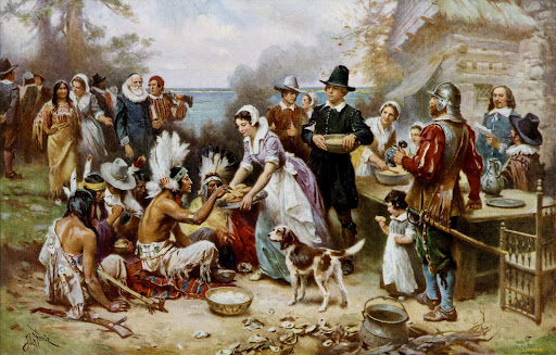 “The First Thanksgiving, 1621” by Jean Leon Gerome Ferris (c. 1912-1915). PC: Wikimedia Commons
