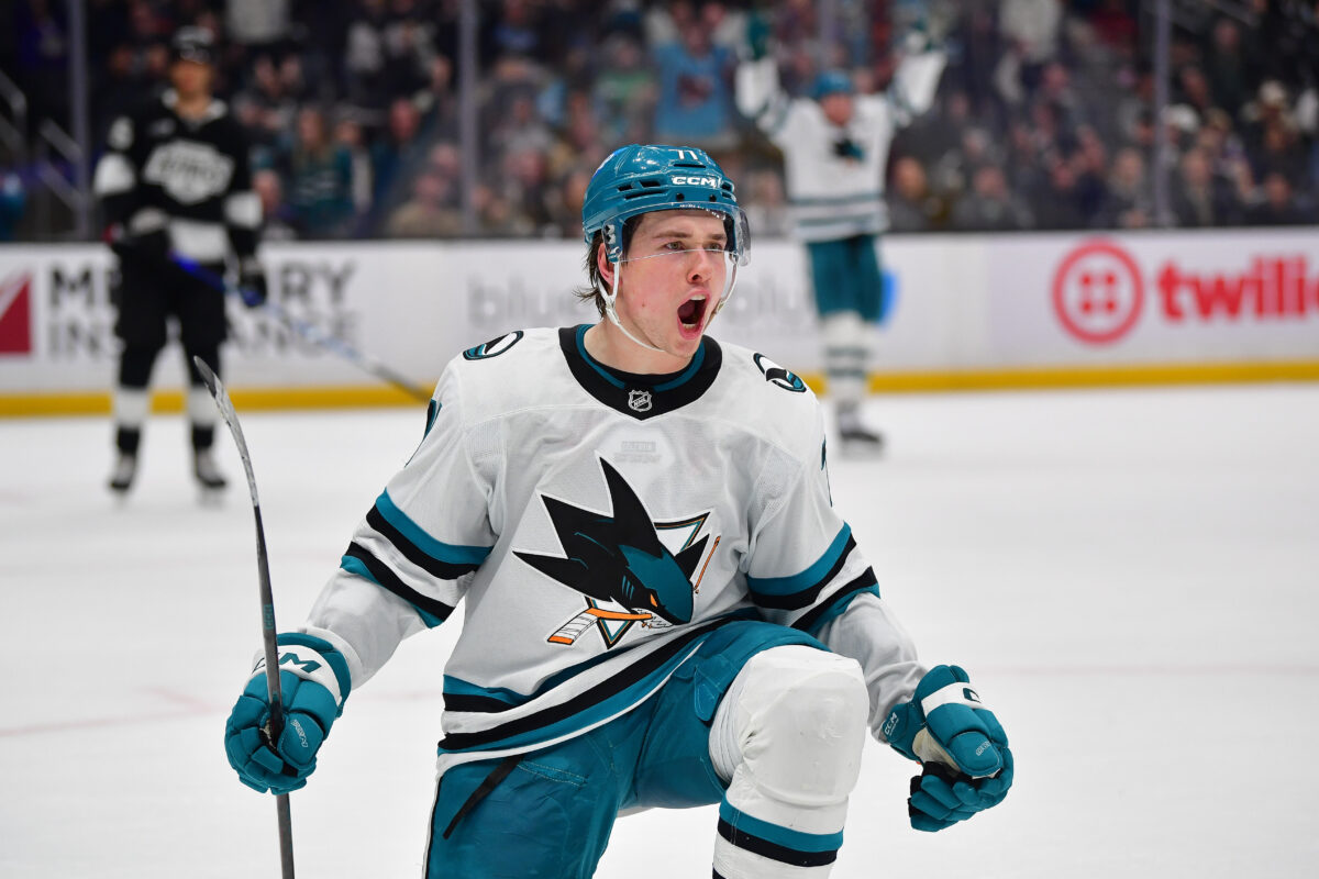 San Jose Sharks’ Macklin Celebrini (71) celebrating on the ice after his game-tying goal in the 3rd period. PC: Gary A. Vasquez-Imagn Images