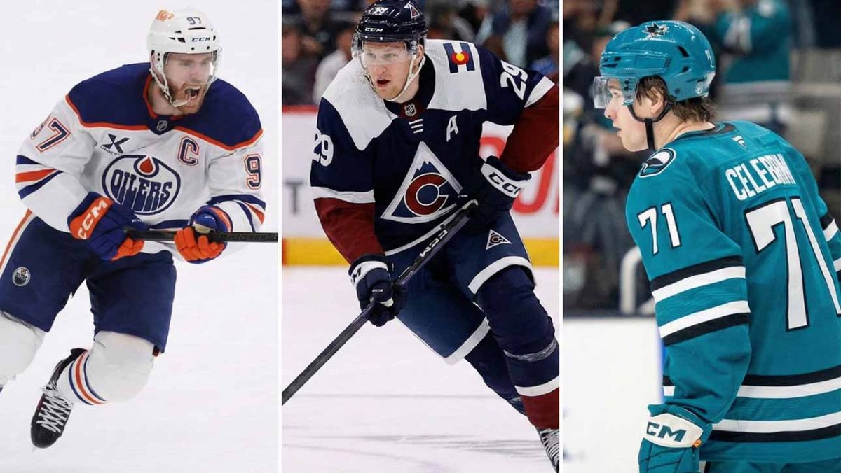 Connor McDavid (left), Nathan MacKinnon (center), and Macklin Celebrini (right): league leaders in scoring for NHL. PC: NHLTradeRumor.com
