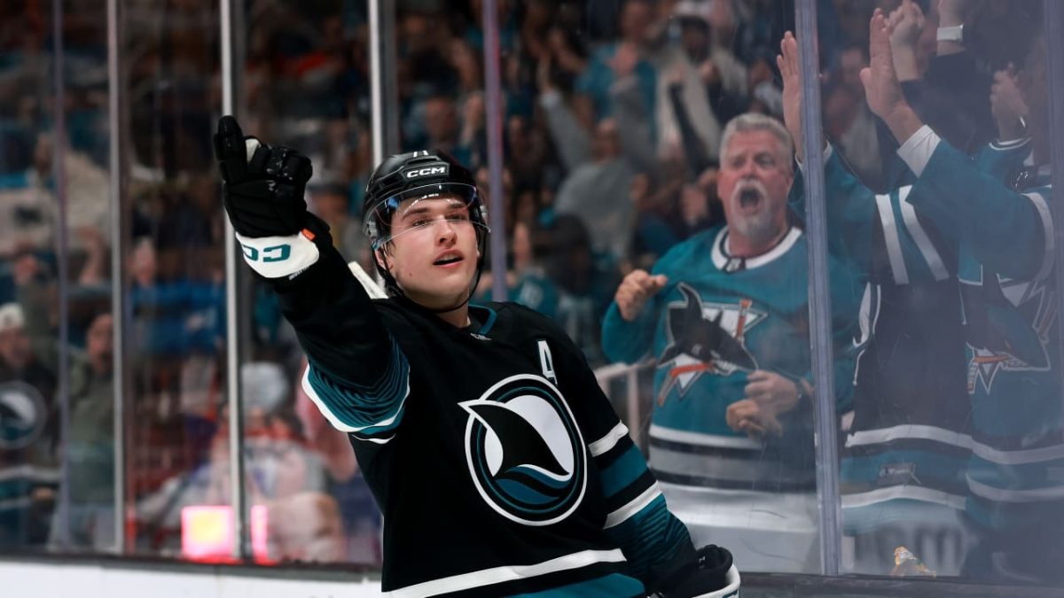 Macklin Celebrini celebrating his 30th goal of the 2025-26 season against Montreal (3/3/26). PC: @nhl on Instagram